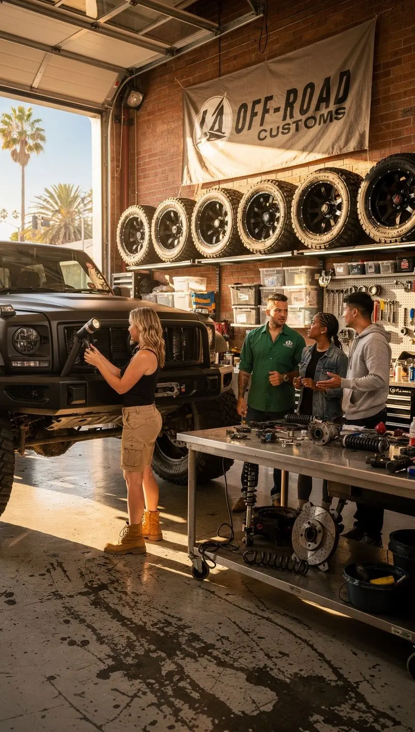 Close-up of a high-performance engine upgrade being performed on an off-road vehicle at a specialized Los Angeles Bolt garage.